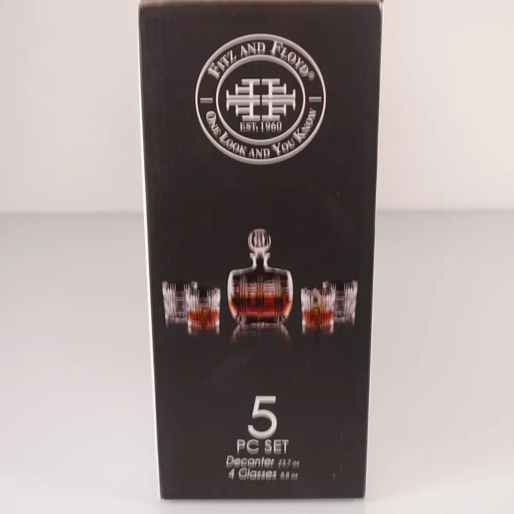 Fitz and Floyd Bridgeport Whiskey Decanter and 4 Old Fashion Whiskey Glasses NIB
